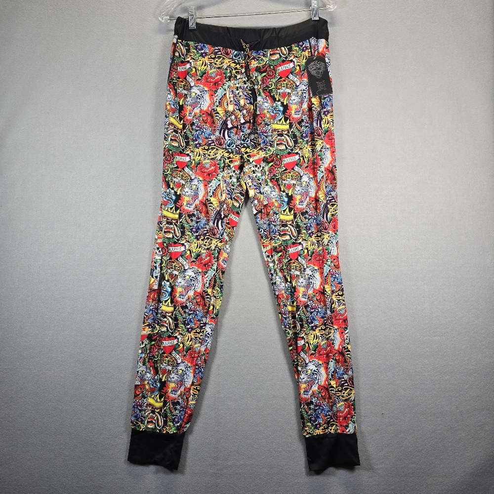 ED HARDY loungewear Silky pants, drawstring  lightweight black print M